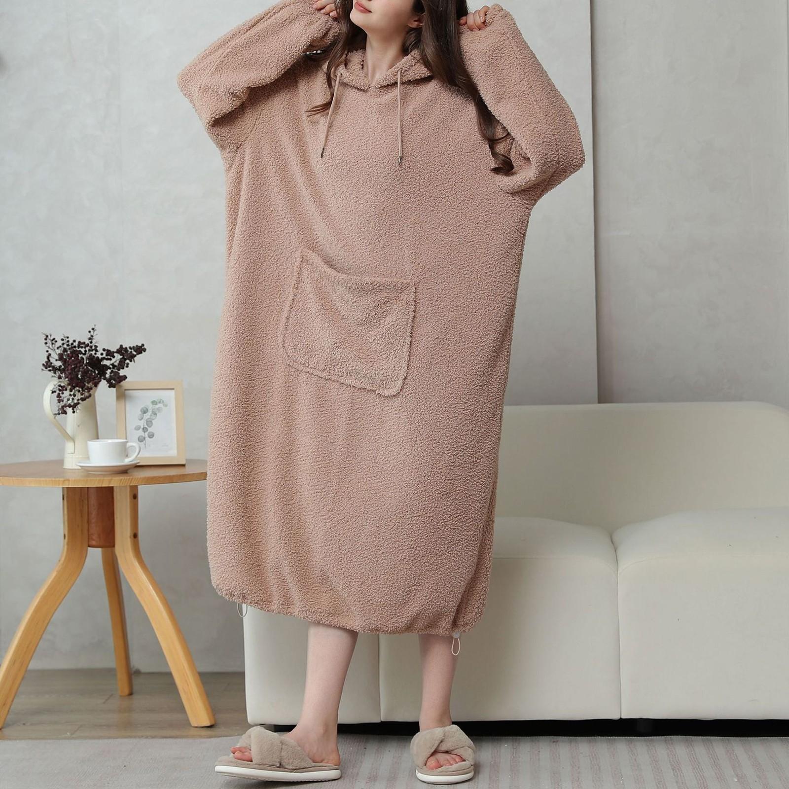 

Женская ночная рубашка из бархата Cloud Velvet на осень и зиму, пижама с капюшоном, ночная рубашка из рисового зерна, удобная и теплая домашняя одежда One Size верблюд