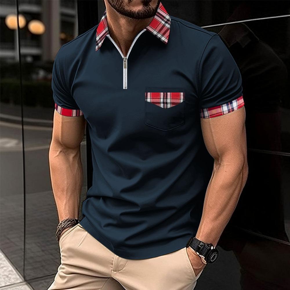 Men's summer casual T-shirts, checked polo shirts, zipped-pocket polo shirts, men's sports polo shirts
