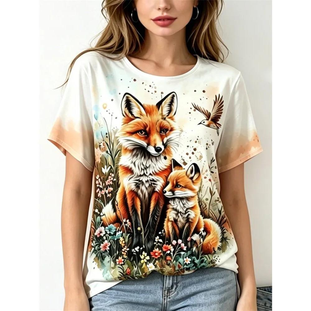 Fashionable Summer Comfortable Round Neck Short Sleeved T-shirt Colorful Animals 3d Printing Casual Loose Breathable Soft Plus Size Women's T-shirt
