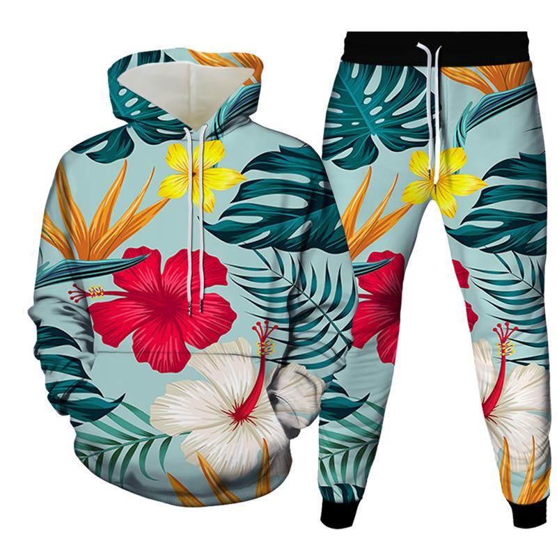 Fashion Floral Flower 3D Print Hoodies Pant Sets Men's Sweatshirts Sweatpants Streetwear Two Piece Suits Tracksuit Man Clothing