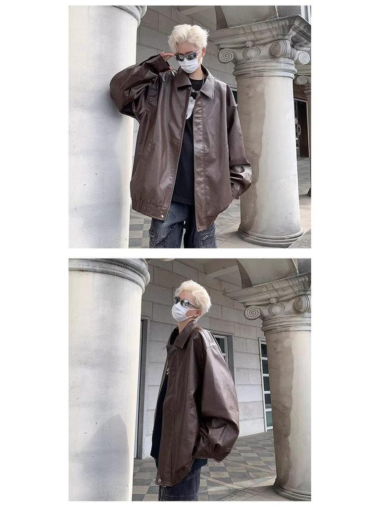 Men's Japanese Retro Leather Motorcycle Jacket - Spring/Autumn Streetwear, Trendy Loose Fit, Cool Lapel Style.