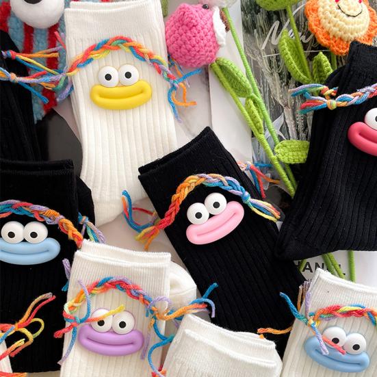 Funny Face Socks Cartoon Crew Socks with Colorful Braids Sausage Lips Cute Silly Socks for Women Girls Birthday Festive Gifts
