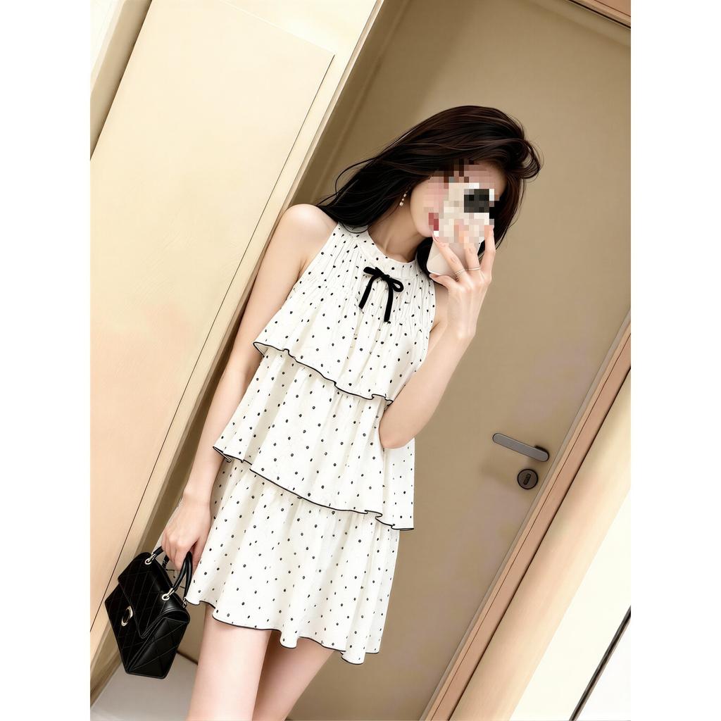 French Pure Desire Neck Polka Dot Cake Dress Women's Summer Bow Sleeveless Loose Age-reducing Ruffle Edge Short Skirt