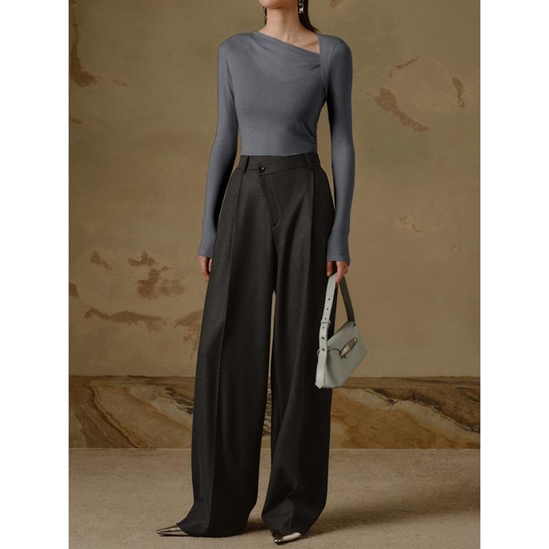 Women's Sexy Slant Neck Long Sleeve Solid Colour Inner Temperament Elegant Top