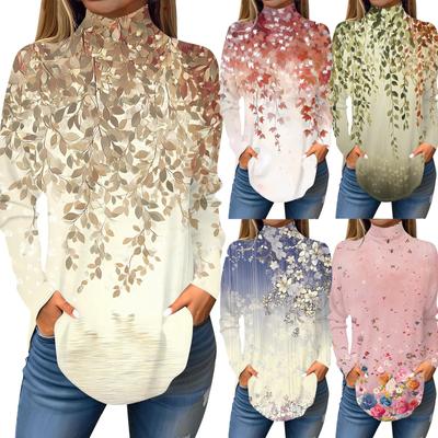 Women's Fashionable Casual High Neck Printed Long Sleeve T-Shirt Pullover Top