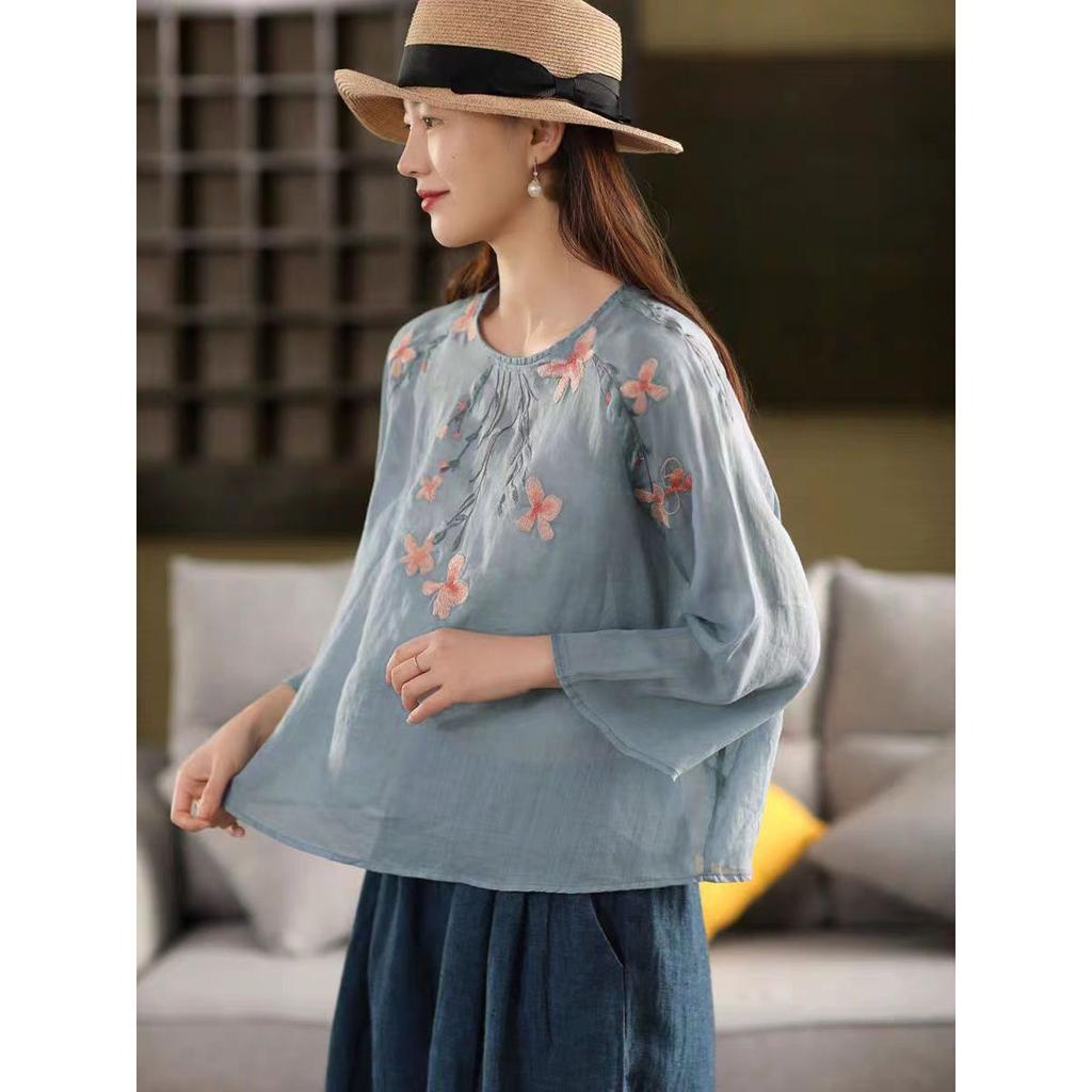 Summer new cotton and linen embroidered blouse long-sleeved women's light and thin loose casual large-size cotton and linen top