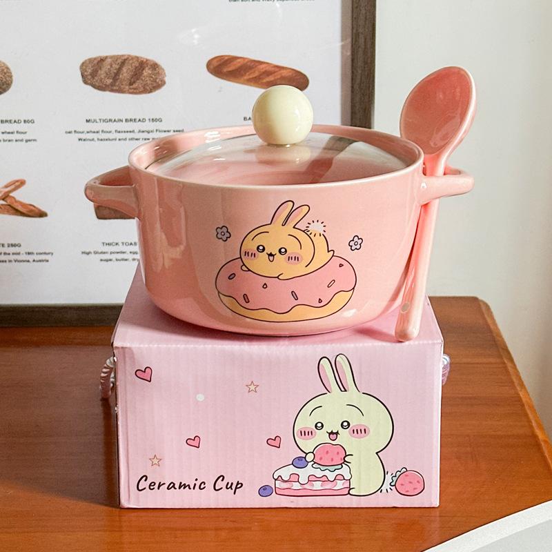 High-value Cute Tableware Ceramic Instant Noodle Bowl with Lid Children's Rice Bowl Student Dormitory Instant Noodle Bowl Binaural Soup Bowl