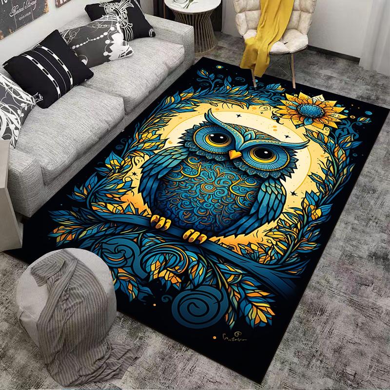 Illustrated Owl Carpet with Floral Patterns in Blue and Gold Suitable for use as an anti-slip for living room bedroom sofas