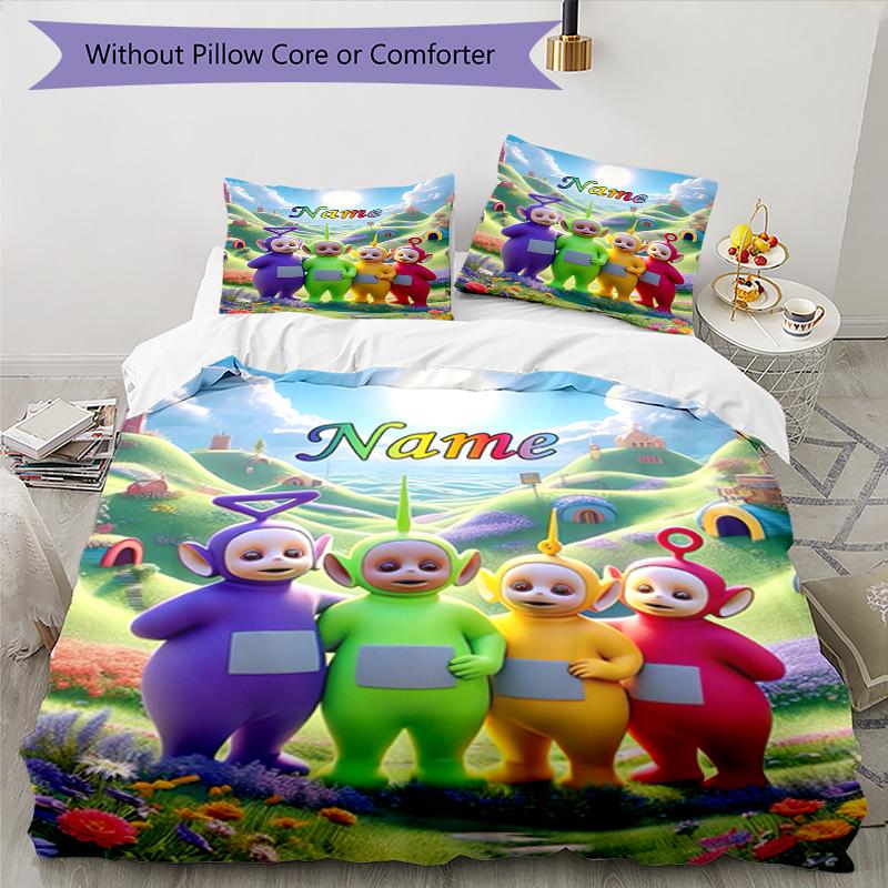 3pcs Custom Name Teletubbies Bedding Set Duvet Cover Closure Includes 1 Duvet Cover & 2 Pillowcases, Soft and Comfortable for All Seasons.