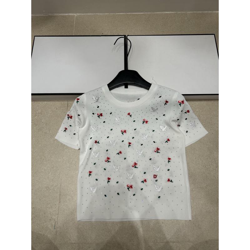 2026 Spring/Summer Rhinestone Bird & Flower Embroidered Short Sleeve Knit Top