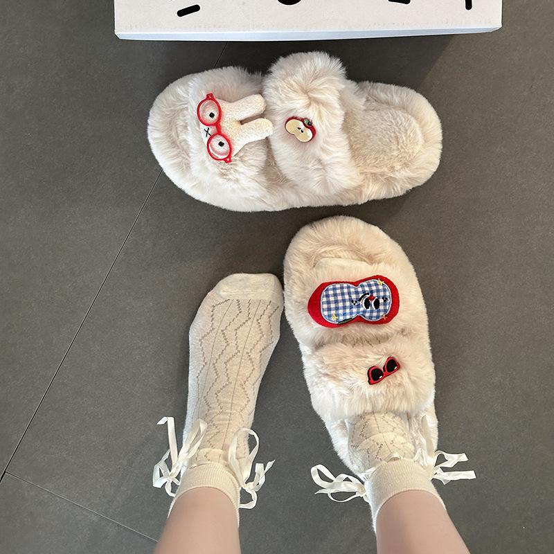 Cute cartoon fluffy slippers for women to wear autumn and winter new retro versatile cotton slippers thick-soled fluffy shoes