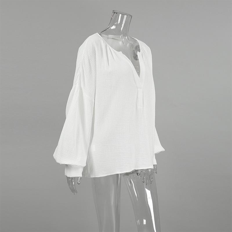 Mode V-Ausschnitt Einfarbig Blusen Frauen Loose Fit Laterne Ärmel Tops Casual Baumwolle Krepp Shirt Frühling Herbst Pendeln Harajuku Stil