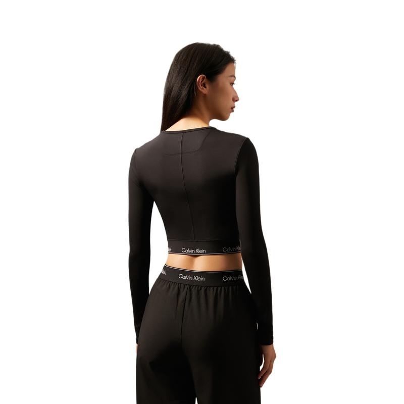 Calvin Klein Sport Jacquard Riemen Enges Crop Trainings-Lauf-Langarm-T-Shirt Damen Tops Space-Black GWS4K262