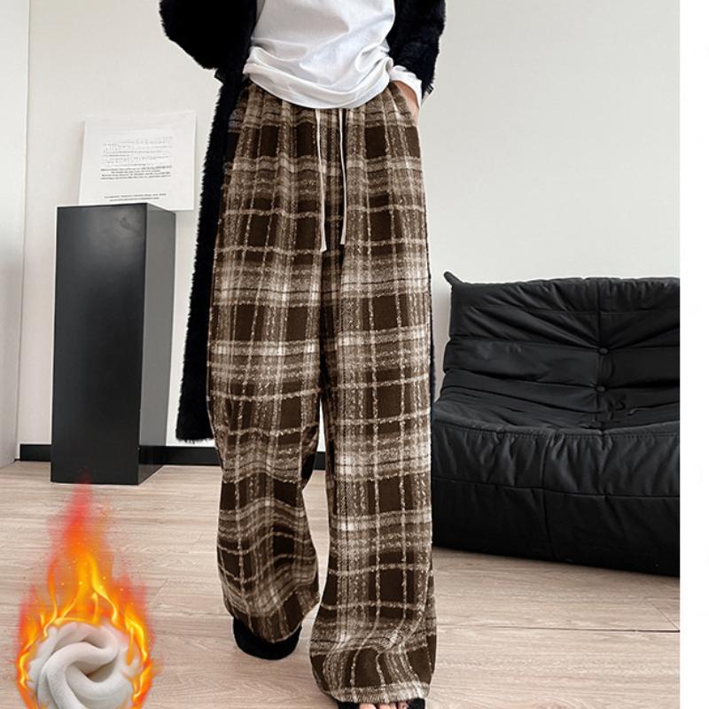 Woolen Floor Pants for Women's Autumn and Winter New Arrival Style Plush Pants for For Women Thick Straight Pants Casual Plaid Wide-leg Pants