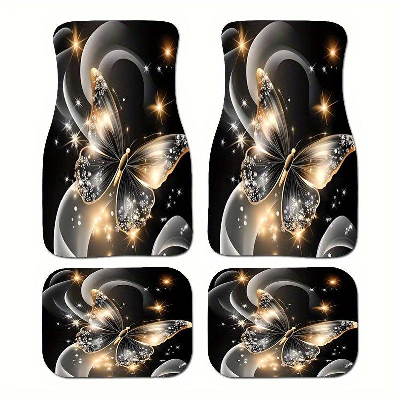 4pcs Set Elegant Butterfly Car Floor Mats with Anti-Slip Design, Soft Velvet-Like Texture (Durable Fabric) - Golden & Black Luxury Pattern