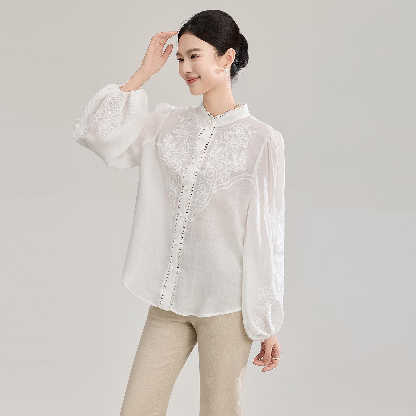 

100% Linen Heavy Embroidery Stand Collar Lantern Sleeve Lightweight Women s Spring Summer Shirt Small білий