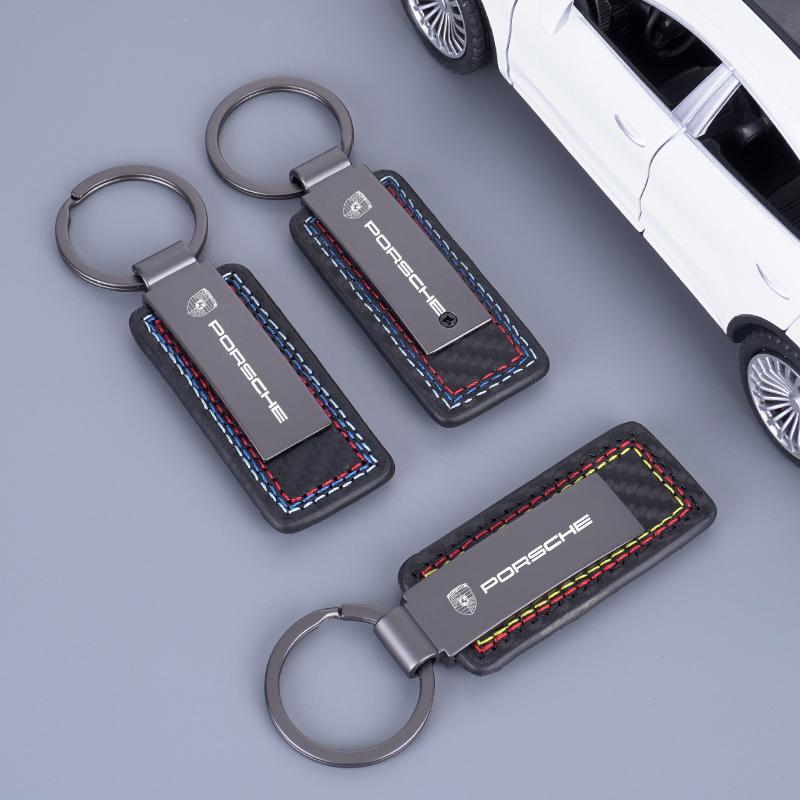 Metal Leather Car Keyring Keychain Pendant Gift For Porsche Cayenne Panamera Macan 911 718 Taycan Boxster Cayman Pajun Accessory