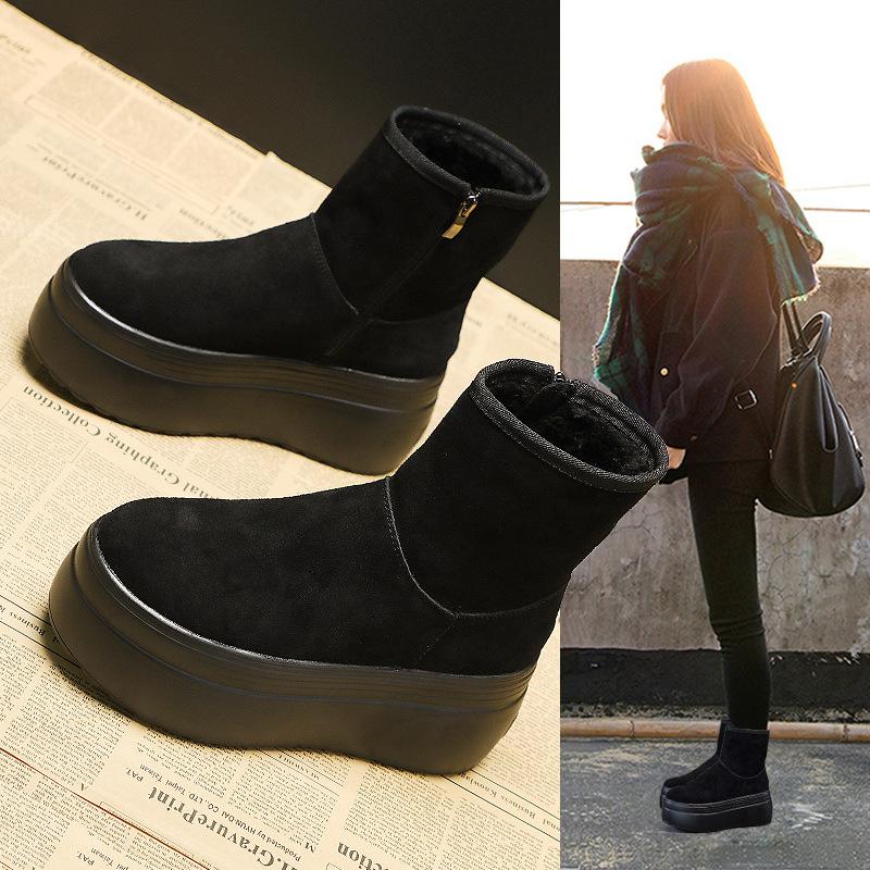 Platform snow boots women's winter 2025 new fashion platform muffin shoes solid color versatile high and thin cotton boots