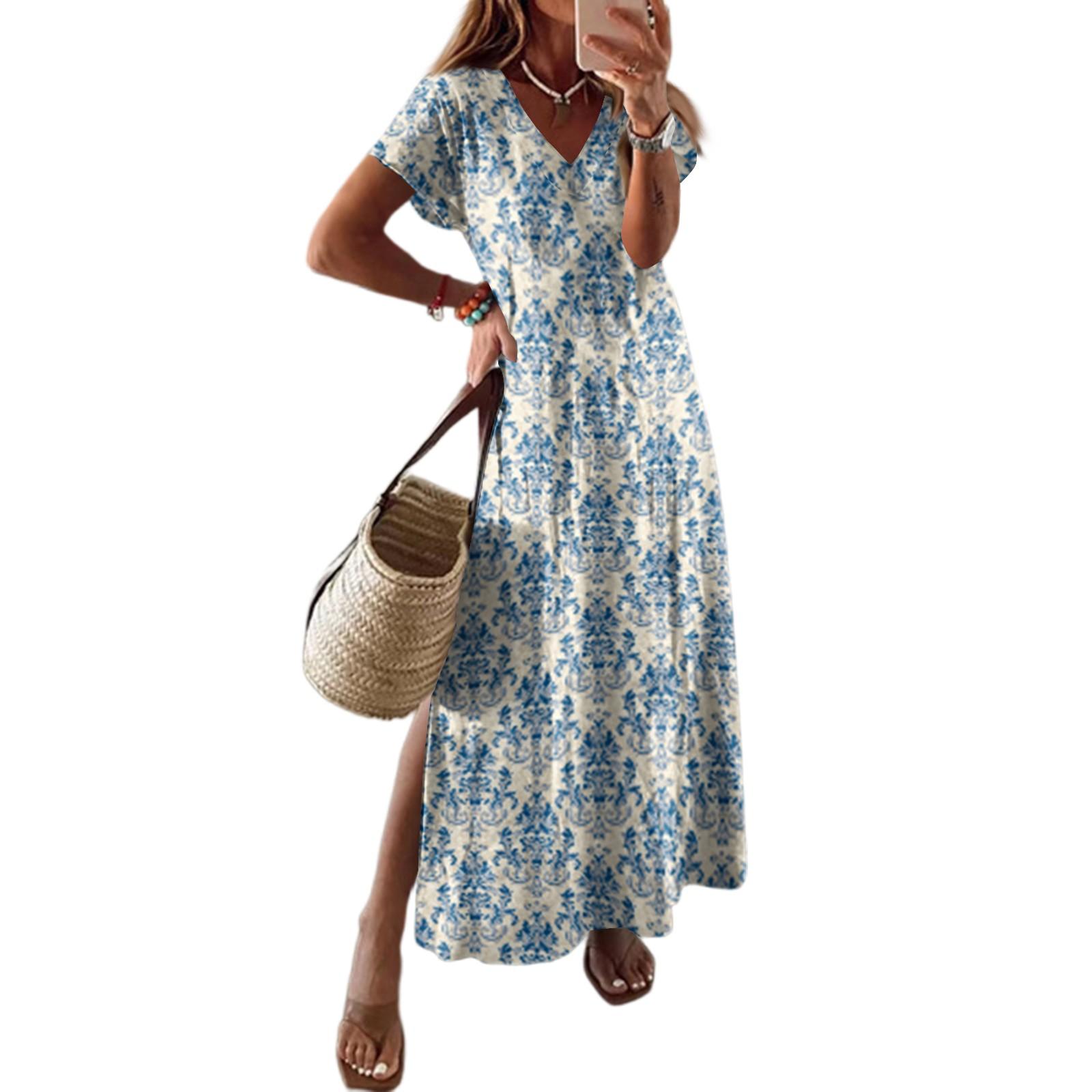

Женское летнее цветочное платье с коротким рукавом, пляжное платье с карманами, повседневное платье-футболка с V-образным вырезом и разрезом, длинное платье для путешествий и отпуска XL