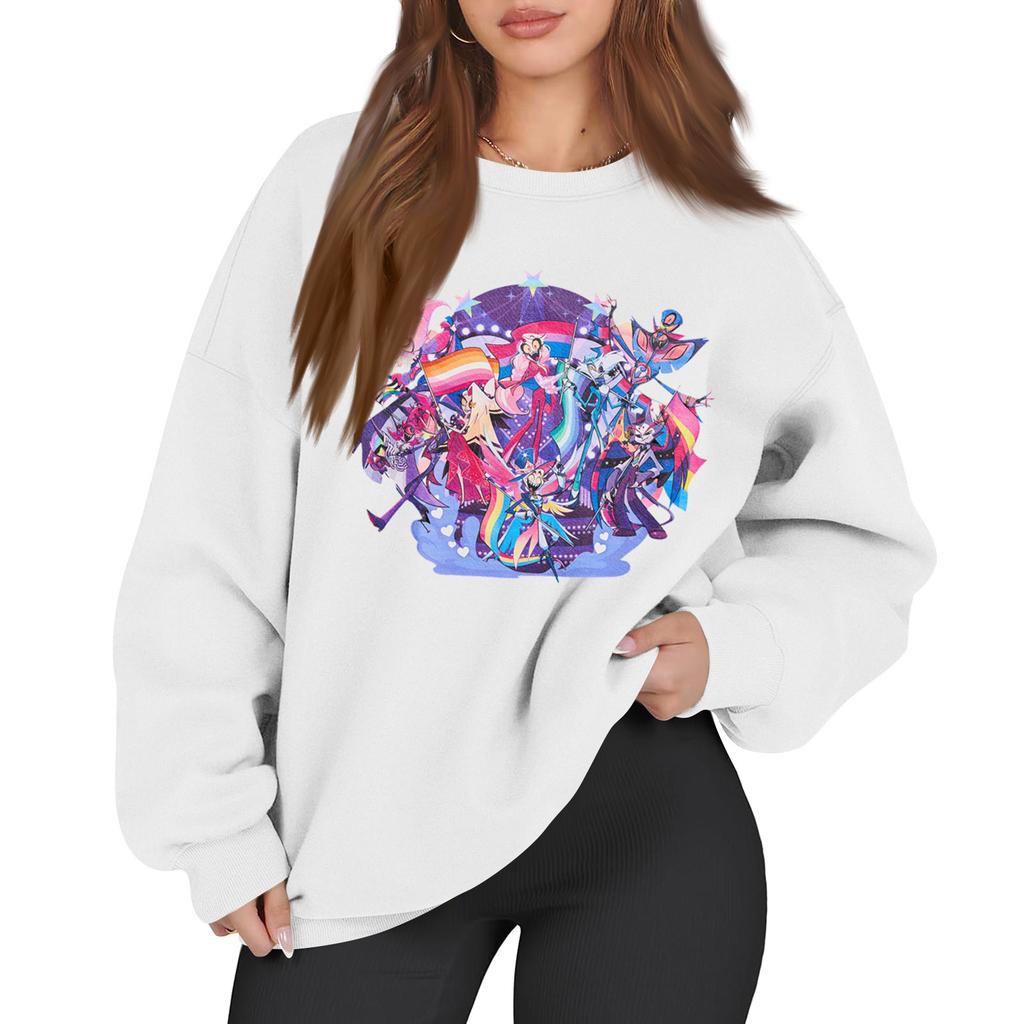 Women's Fashion Long Sleeve Print Round Neck Loose Pullover Sweater Top