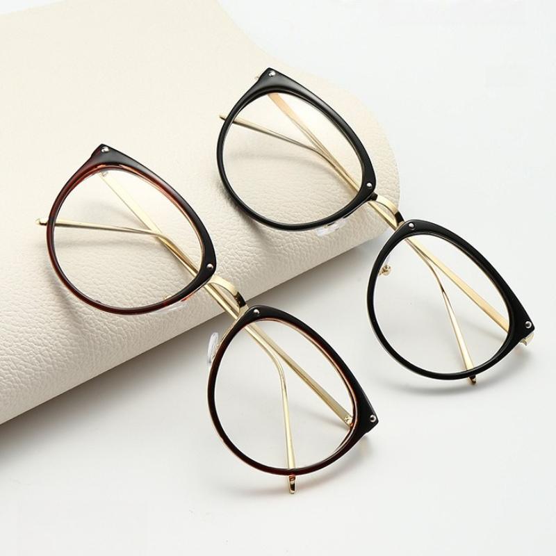 Optical Plano Glasses Frame for Women Men Round Oversized Cat Eye Eyeglasses Retro Frames Metal Spectacles Clear Lenses Eyewear