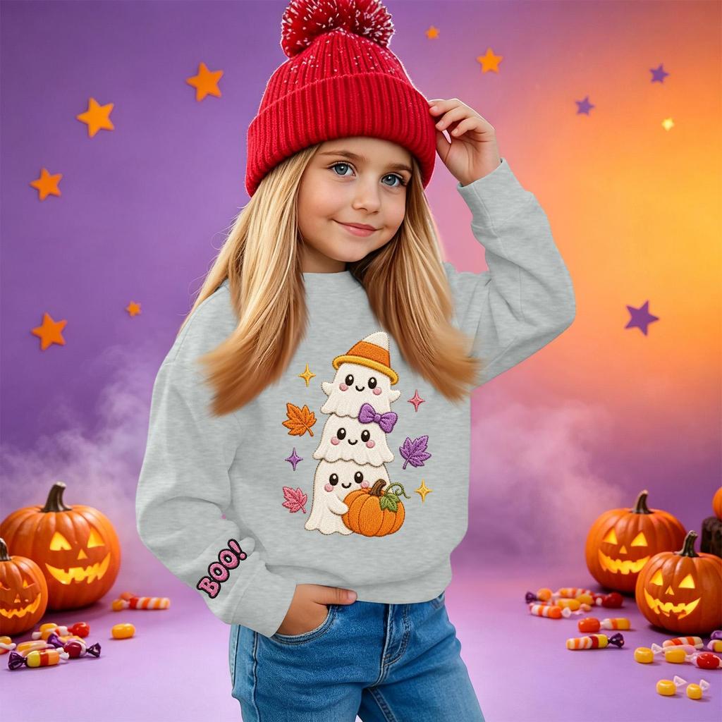 Kids' casual long-sleeved sweatshirt with Halloween print, suitable for holiday parties and everyday wear.