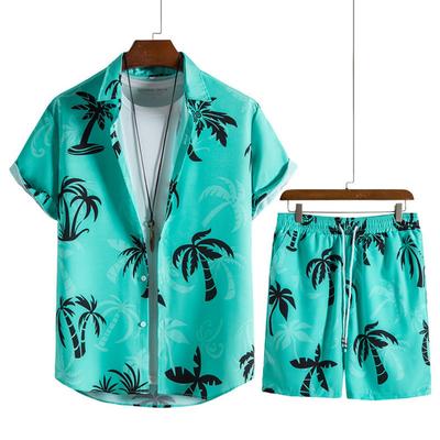 New Men's Coconut Tree Beach Shirt Set Hawaiian Style Short Sleeved Shirt Shorts Casual Vacation Set