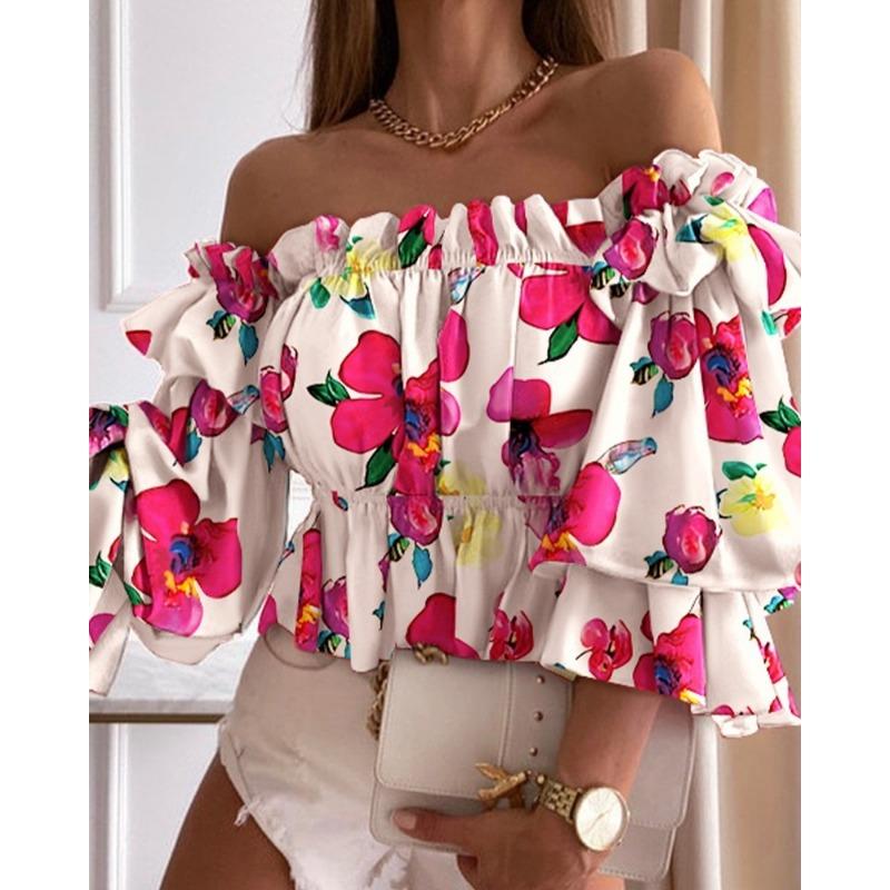 VEZFAA Women's Fashion Casual Summer Spring Short Sleeve One Shoulder Blouses & Shirts
