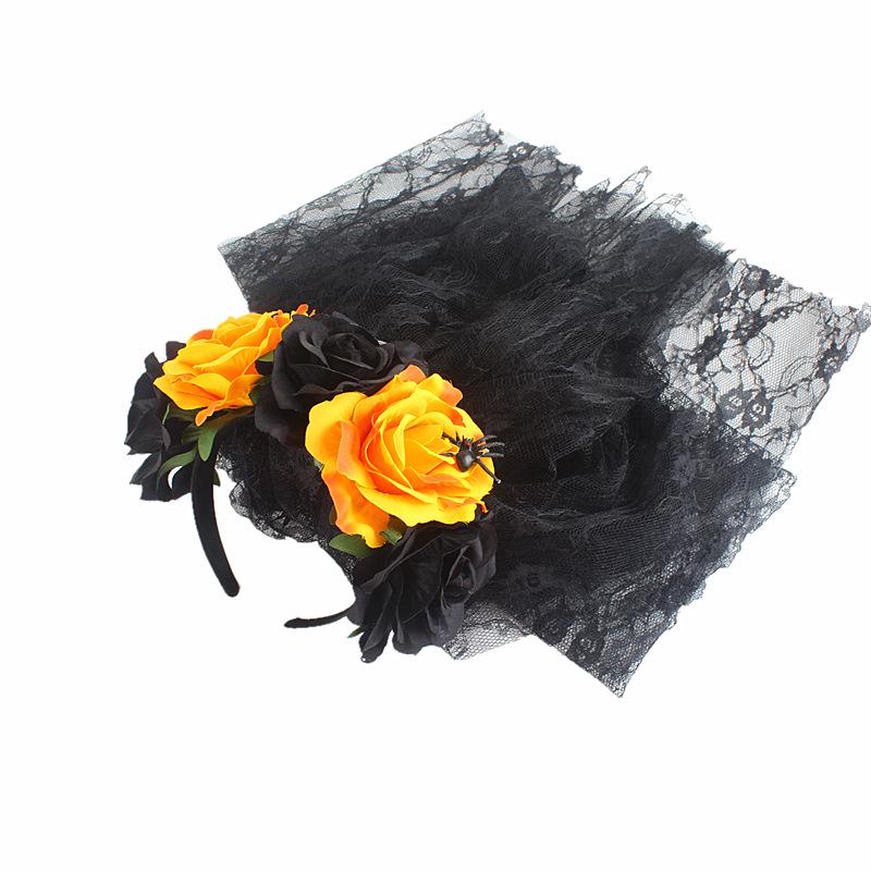 Day of the Dead Rose Flower Mesh Headband - Halloween Party Hair Accessory