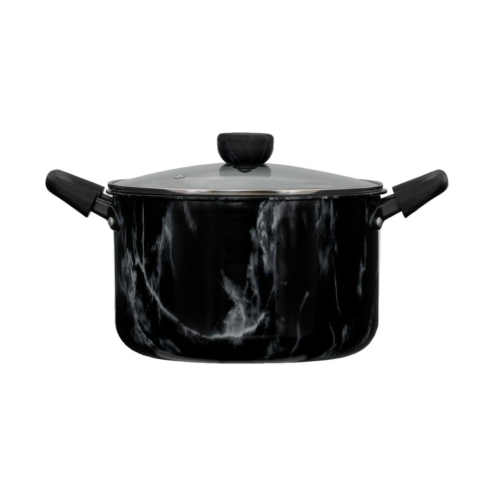 Bestco 22cm Double-Handled Stew Pot, IH and Gas Stove Compatible, Black, Marble Pattern, NX-153 MARBLE KITCHEN