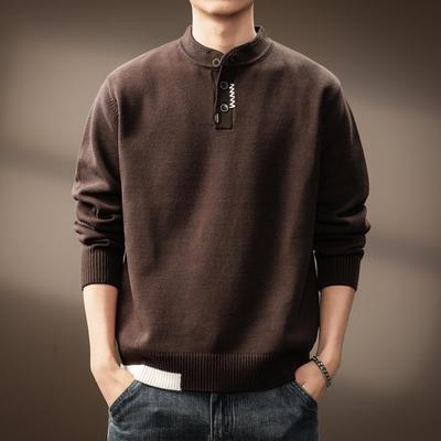 Men's Henley Collar Knit Sweater: High-End, Trendy, Versatile Autumn/Winter Long-Sleeve Loose Top