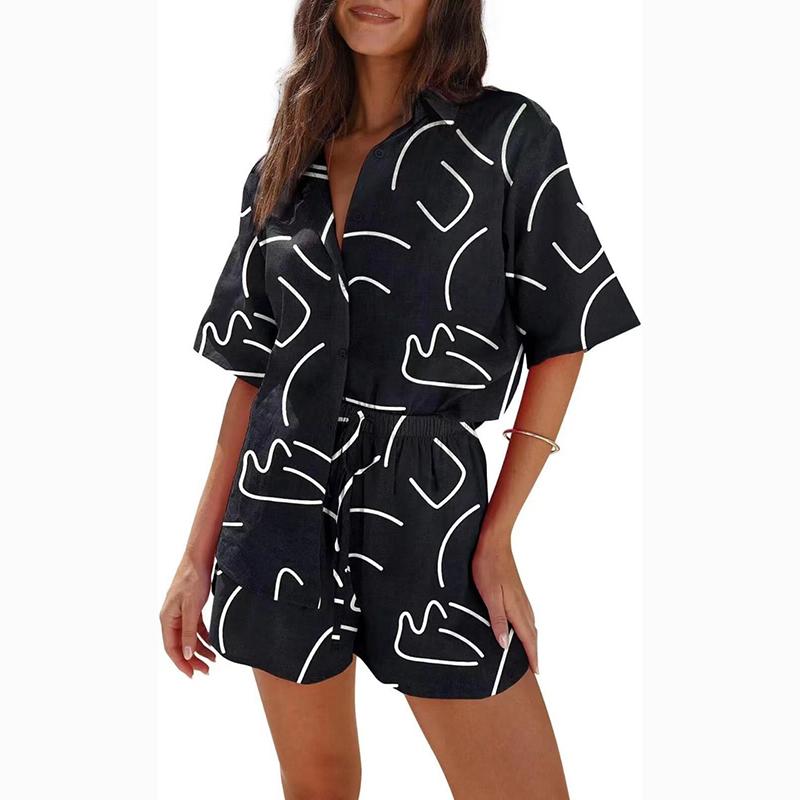 Summer Print Casual Loose Two Piece Set Shirt Women Fashion Plus Size Shorts Sets Beach Holiday Simple 2 Piece Suit Women Blouses Tops 24348