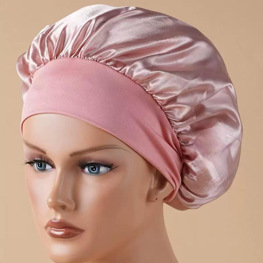 Faux Silk Satin Stretch Sleep & Shower Cap - Narrow Brim Round Cap for Hair Care