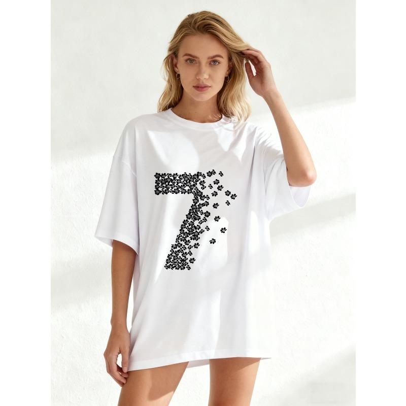Oversized T Shirt Black Number Seven Star Pattern Print Casual Wear For Women Summer Outfit Street Style Fashion Top