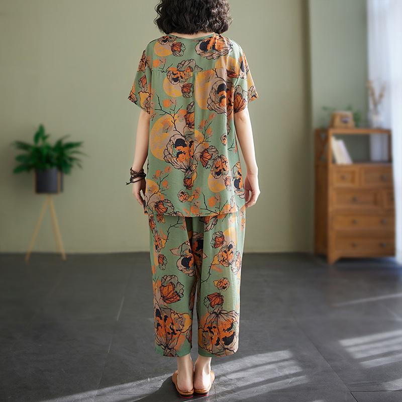 2025 Summer Cotton Linen Floral T-shirt & Harem Pants Set for Women