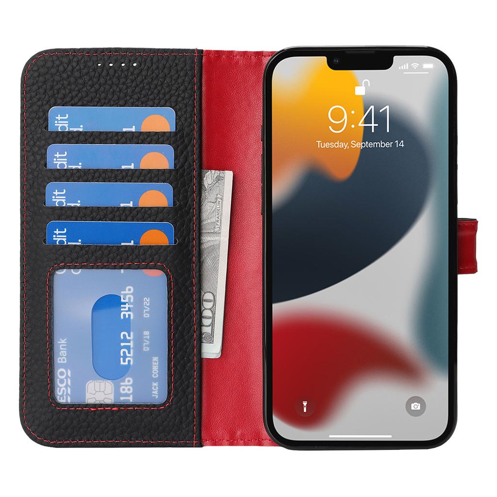 For iPhone 13 Pro Stand Case Litchi Texture Genuine Cow Leather Wallet Phone Cover RFID Blocking