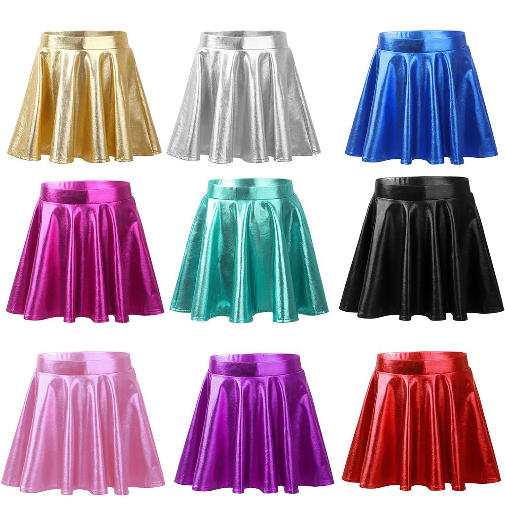 Kids Girls Metallic Flared Skater Skort High Elastic Waist Athletic Dance Scooter Skirt