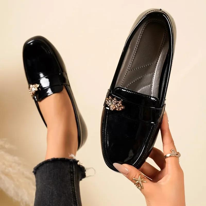 2025 Women's Shoes Loafers Women's Flats Fashion Office Flats Women Metal Decoration Round Toe Plus Size Slip On Shoes Female