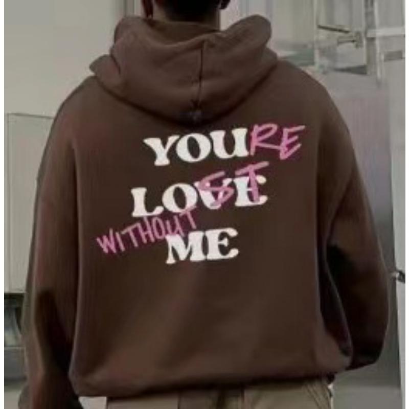 Women'S Fleece Shoulder Sleeve Sweater Plain Letter Print Kangaroo Pocket Drawstring Print Hoodie