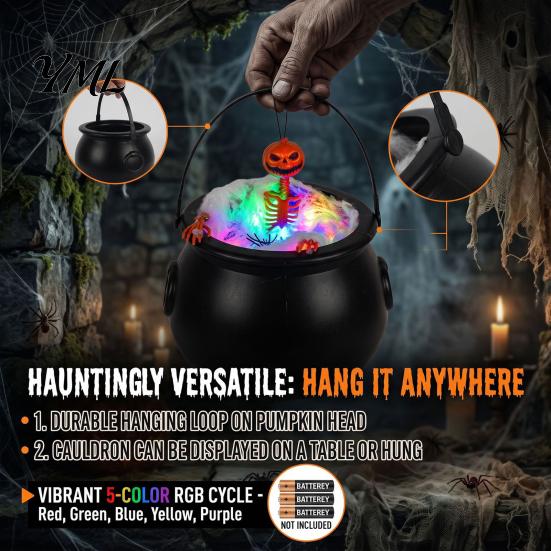 Five Color Gradient Lights Halloween Cauldron Light, Changing Glowing Pumpkin Skull Hanging Tabletop Decorations Decor, Spooky Yard Prop for