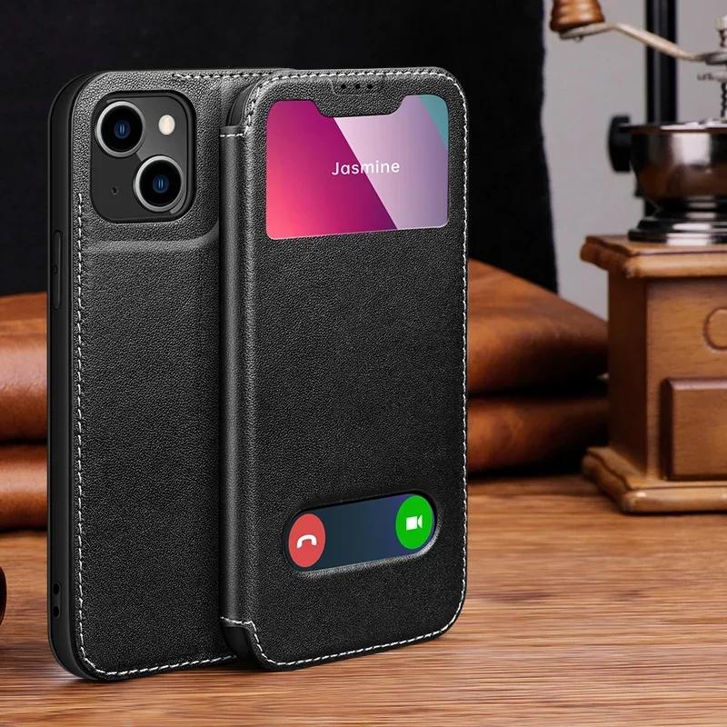 

Smart View Window Genuine Leather Case for iPhone 16 Pro 17 Pro 15 14 13 12 11 XR XS Max 7 8 Plus SE 3 Magnet Flip Wallet Cover For iPhone XR чёрный