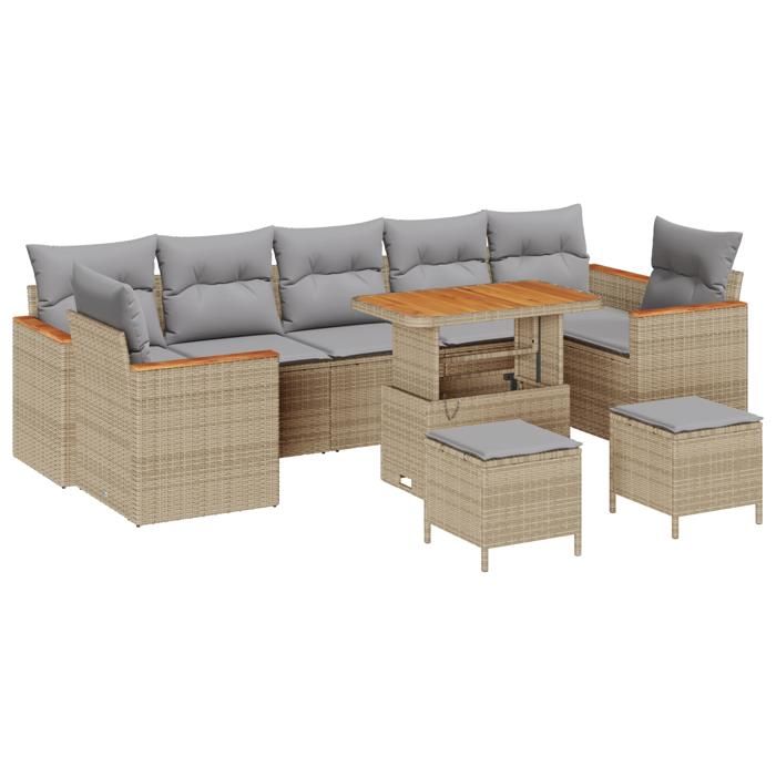 Ensemble de Canapés de Jardin de 10 Pièces avec Coussins Beige Rattan Poly Acajou, Ensemble de Salle à Manger de Jardin 3 3364982