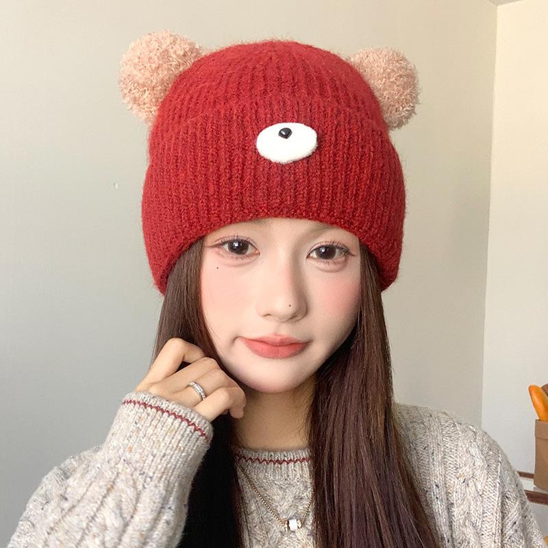 Søt tegneserie bjørn øre strikkelue for jenter for å holde varm og beskytte ørene om høsten og vinteren Student ullue for å fremheve ansiktet Liten kald lue