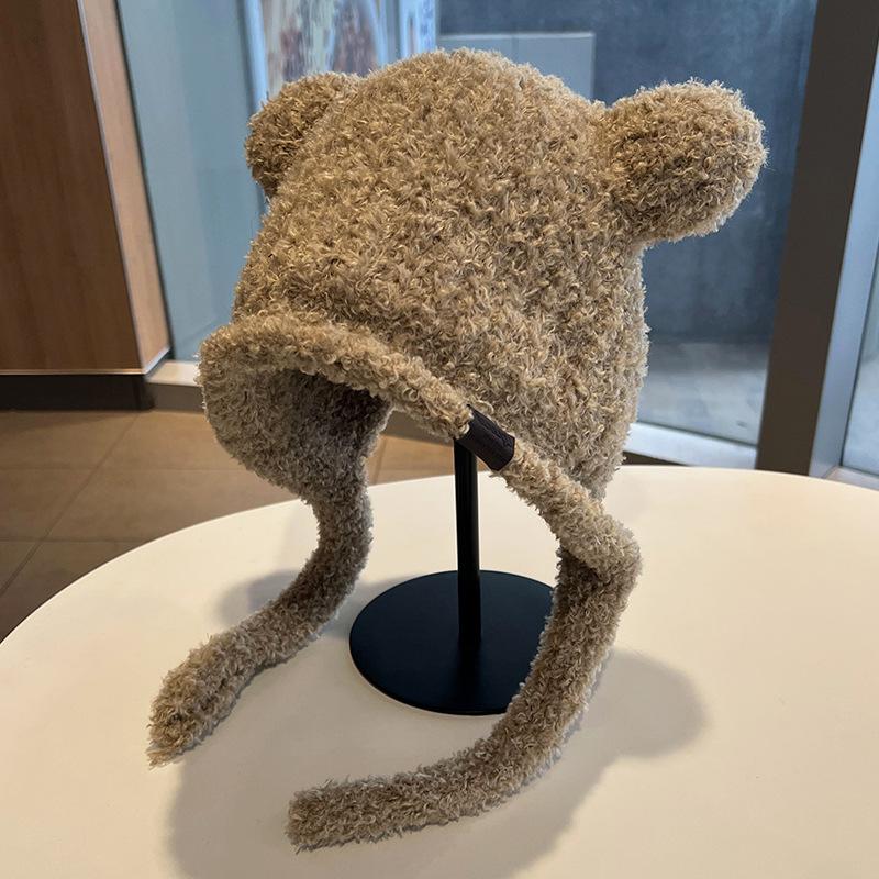 

Bear Plush Knitted Hat for Women Winter Warm Ear Protection Cap with Big Head Circumference and Cute Ears Student Pullover Hat One Size