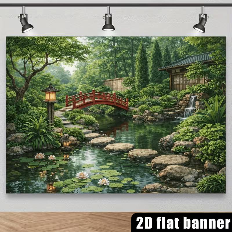 2D Traditional Japanese Garden Backdrop Zen Pond & Greenery Background Cloth