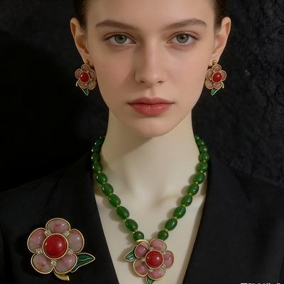 Vintage Fashion High-end Sense Camellia Flower Red Agate Stone Pink Stone Green Crystal Stone Earring Brooch Necklace Set