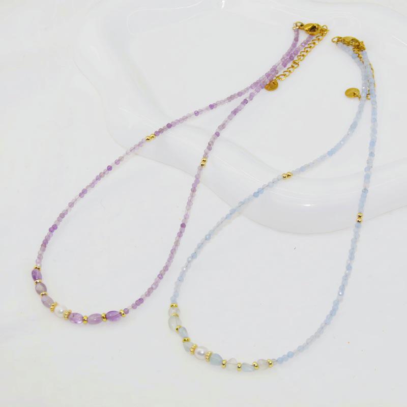 Frühlings-/Sommer-Süßwasserperlen- & Aquamarin-Kristall-Amethyst-Halskette - Perfekt für Studenten & beste Freunde