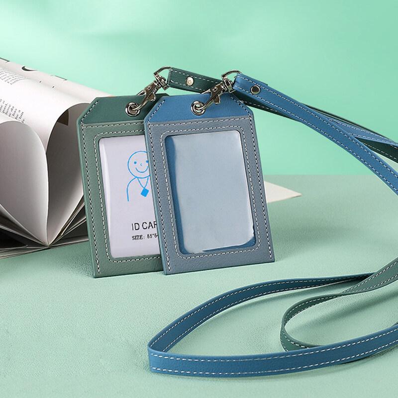 2 Card Slot Employee Work ID Card Set Hanging Rope PU Leather Bus Meal Card Chest Badge