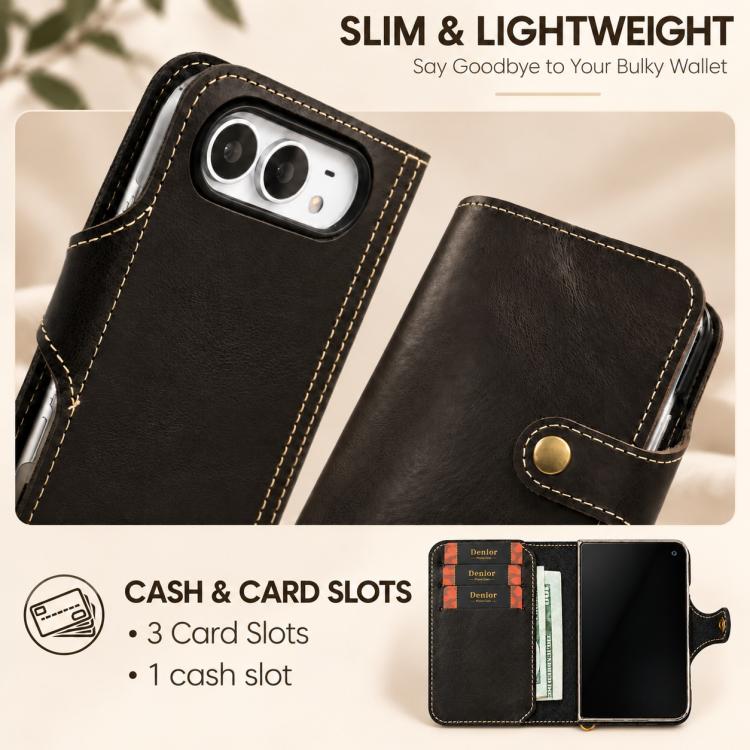 Denior B01 Oil Wax Cowhide Magnetic Button Genuine Leather Case