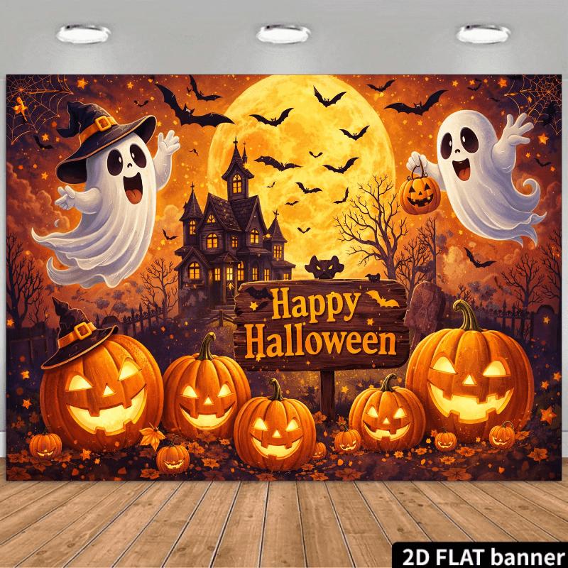 2D planar Halloween-themed background fabric with a glowing pumpkin lantern ghost and tombstone in the center the picture.zyc